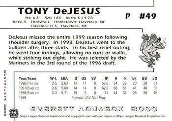 2000 Grandstand Everett AquaSox #NNO Tony DeJesus Back