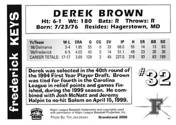 2000 Grandstand Frederick Keys #NNO Derek Brown Back