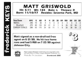 2000 Grandstand Frederick Keys #NNO Matt Griswold Back