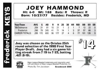 2000 Grandstand Frederick Keys #NNO Joey Hammond Back
