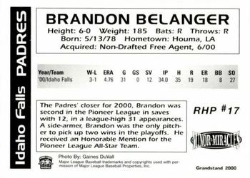 2000 Grandstand Idaho Falls Padres #NNO Brandon Belanger Back