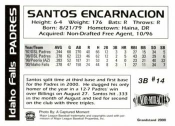 2000 Grandstand Idaho Falls Padres #NNO Santos Encarnacion Back