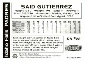 2000 Grandstand Idaho Falls Padres #NNO Said Gutierrez Back