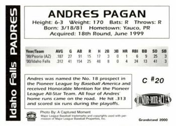 2000 Grandstand Idaho Falls Padres #NNO Andres Pagan Back