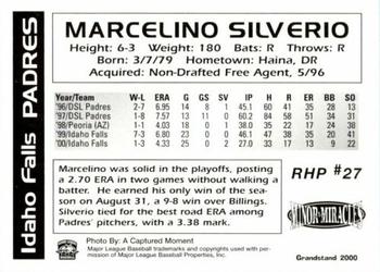 2000 Grandstand Idaho Falls Padres #NNO Marcelino Silverio Back