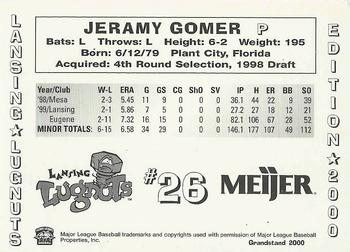 2000 Grandstand Lansing Lugnuts #NNO Jeramy Gomer Back