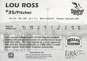 2000 Grandstand Missoula Osprey #NNO Lou Ross Back