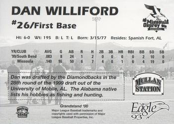 2000 Grandstand Missoula Osprey #NNO Dan Williford Back