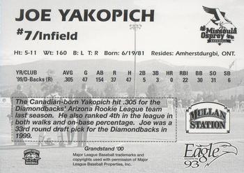 2000 Grandstand Missoula Osprey #NNO Joe Yakopich Back