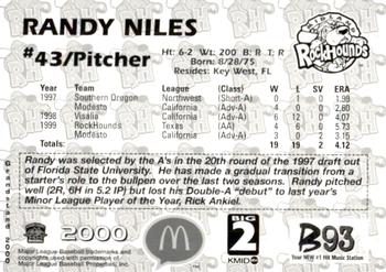 2000 Grandstand Midland RockHounds #NNO Randy Niles Back