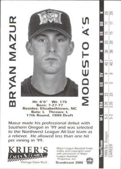 2000 Grandstand Modesto A's #NNO Bryan Mazur Back