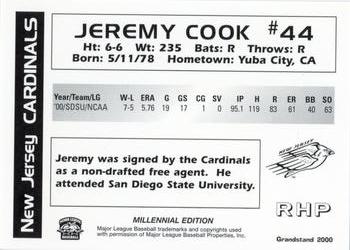 2000 Grandstand New Jersey Cardinals #NNO Jeremy Cook Back