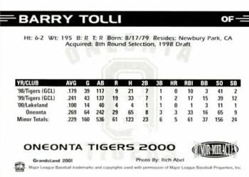 2000 Grandstand Oneonta Tigers #NNO Barry Tolli Back