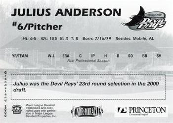 2000 Grandstand Princeton Devil Rays #NNO Julius Anderson Back