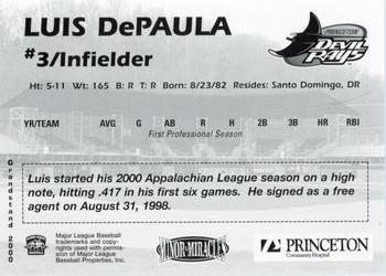 2000 Grandstand Princeton Devil Rays #NNO Luis DePaula Back