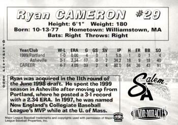 2000 Grandstand Salem Avalanche #NNO Ryan Cameron Back