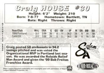 2000 Grandstand Salem Avalanche #NNO Craig House Back