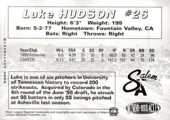 2000 Grandstand Salem Avalanche #NNO Luke Hudson Back