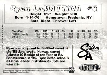 2000 Grandstand Salem Avalanche #NNO Ryan LaMattina Back