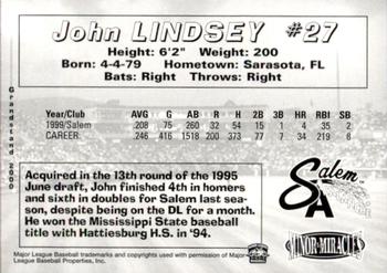 2000 Grandstand Salem Avalanche #NNO John Lindsey Back