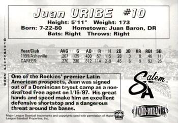 2000 Grandstand Salem Avalanche #NNO Juan Uribe Back