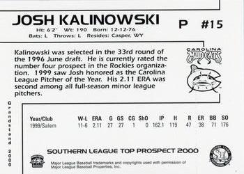 2000 Grandstand Southern League Top Prospects #NNO Josh Kalinowski Back