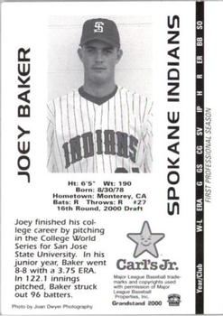 2000 Grandstand Spokane Indians #NNO Joey Baker Back