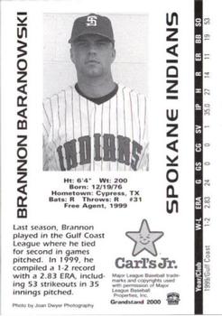 2000 Grandstand Spokane Indians #NNO Brannon Baranowski Back