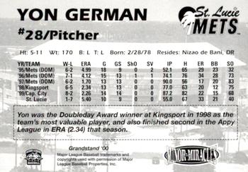 2000 Grandstand St. Lucie Mets #NNO Yon German Back