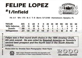 2000 Grandstand Tennessee Smokies #NNO Felipe Lopez Back