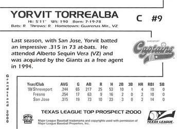 2000 Grandstand Texas League Top Prospects #NNO Yorvit Torrealba Back