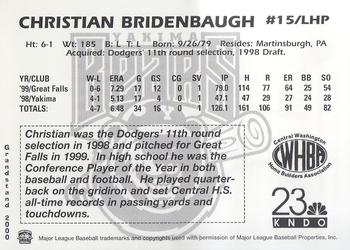 2000 Grandstand Yakima Bears #NNO Christian Bridenbaugh Back