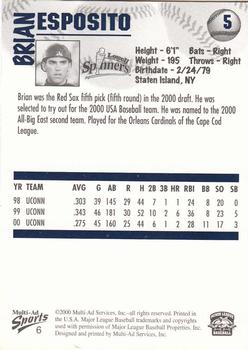 2000 Multi-Ad Lowell Spinners #6 Brian Esposito Back