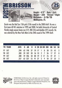 2000 Multi-Ad Lowell Spinners #13 Dustin Brisson Back