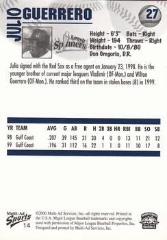 2000 Multi-Ad Lowell Spinners #14 Julio Guerrero Back
