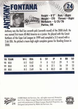2000 Multi-Ad Lowell Spinners #24 Anthony Fontana Back