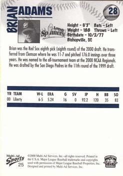 2000 Multi-Ad Lowell Spinners #25 Brian Adams Back