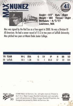 2000 Multi-Ad Lowell Spinners #30 Max Nunez Back