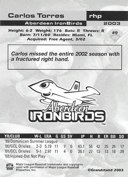 2003 Grandstand Aberdeen IronBirds #NNO Carlos Torres Back