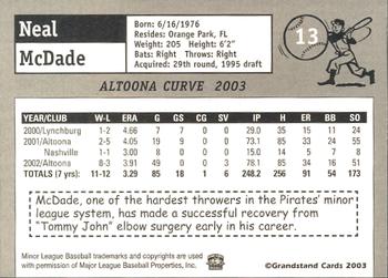 2003 Grandstand Altoona Curve #NNO Neal McDade Back