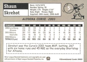 2003 Grandstand Altoona Curve #NNO Shaun Skrehot Back