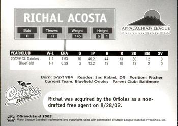 2003 Grandstand Appalachian League Top Prospects #NNO Richal Acosta Back