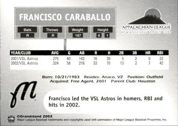 2003 Grandstand Appalachian League Top Prospects #NNO Francisco Caraballo Back