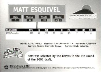 2003 Grandstand Appalachian League Top Prospects #NNO Matt Esquivel Back