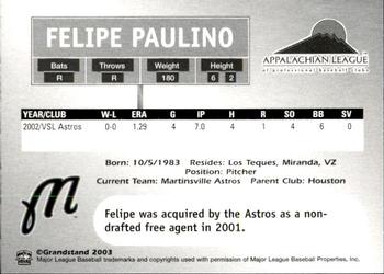 2003 Grandstand Appalachian League Top Prospects #NNO Felipe Paulino Back