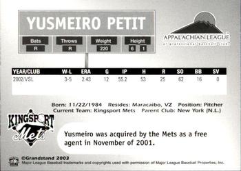 2003 Grandstand Appalachian League Top Prospects #NNO Yusmeiro Petit Back