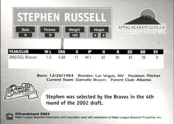2003 Grandstand Appalachian League Top Prospects #NNO Stephen Russell Back