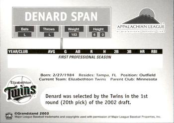 2003 Grandstand Appalachian League Top Prospects #NNO Denard Span Back