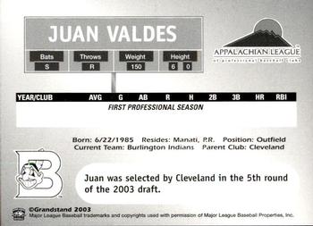 2003 Grandstand Appalachian League Top Prospects #NNO Juan Valdes Back