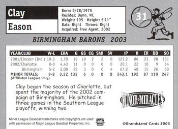 2003 Grandstand Birmingham Barons #3 Clay Eason Back